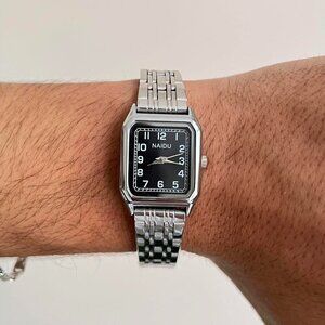 2000s vintage style cute black rectangle stainless steel quartz watch